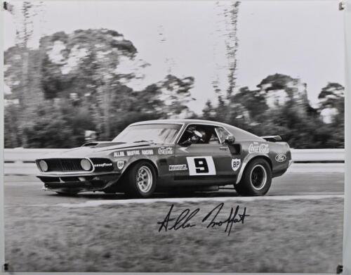 MOFFAT: A black and white picture of Allan Moffat's Coca-Cola Boss Mustang. Picture signed by Allan Moffat