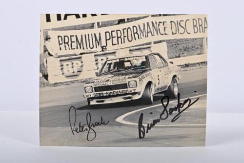 BROCK/SAMPSON: An original black and white Ian Smith picture depicting Peter Brock and Brian Sampson racing a Holden LH Torana SL/R 5000 L34 to victory at the 1975 Hardie-Ferodo. Brock signature with rare Sampson signature