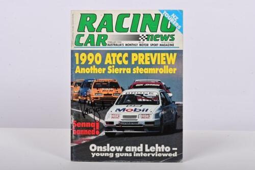 BROCK: A February, 1990 edition of 'RACING CAR news' magazine. Front cover signed by Peter Brock