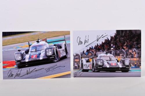PORSCHE: Two colour pictures of the Porsche 919 Hybrid racing to victory at Le Mans 2016, as driven by Marc Lieb, Romain Dumas, Neel Jani. Pictures signed by all three drivers