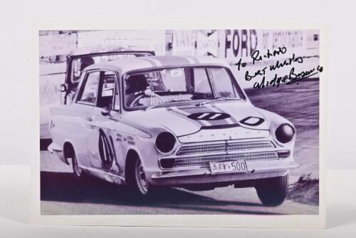 BOSWORTH: A black and white picture of the 1965 Armstrong 500, Bathurst winning Ford Cortina GT500 Sedan as raced by Bo Seton and Midge Bosworth. Very rare Bosworth`s signature