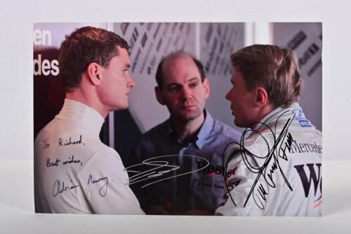 McLAREN/MERCEDES-BENZ: A colour picture of three team members of McLaren-Mercedes-Benz. David Coulthard, Adrian Newey, Mika Hakkinen signatures