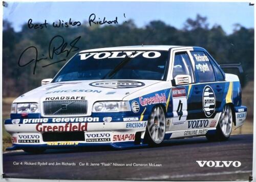 RICHARDS: A Volvo racing poster with picture of Super Tourers Volvo 850 R as raced by Jim Richards and Rickard Rydell. Jim Richards signature