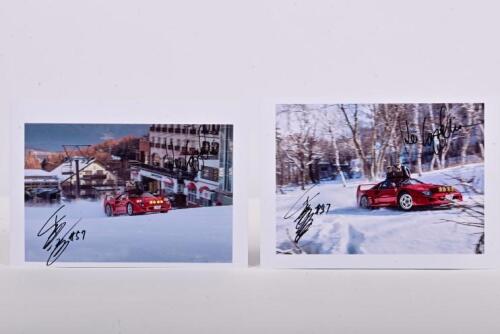FERRARI F40: Two colour images of the Ferrari F40 of Takeshi Kimura snow drifting on the ski slopes of Japan. Images signed by Takeshi Kimura and Kei Cozzolino