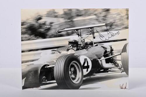 SANDOWN/BELL: An original Ian Smith black and white picture of a Dino 246 Tasmania as raced Derek Bell and Chris Amon at Sandown 1969. Derek Bell signature