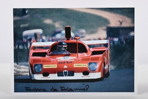 de ADAMICH: A colour picture of Andrea de Adamich racing a Alfa Romeo 33 T12. Andrea de Adamich signature