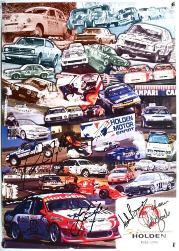 HOLDEN: A '50th ANNIVERSARY HOLDEN 1948-1998' poster collage. Poster with multiple signatures including Colin Bond, Peter Brock, Russell Ingall, Mark Skaife