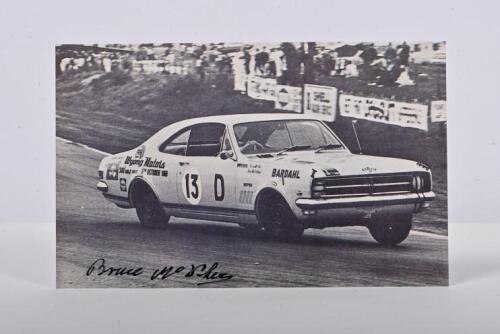 McPHEE: A black and white image on photographic paper of Bruce McPhee racing a HK Monaro GTS 327. Bruce McPhee signature