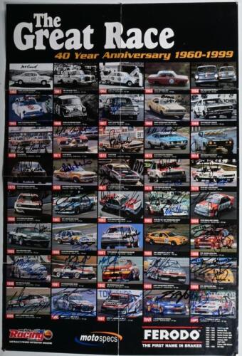 BATHURST: A motor Racing australia 'The Great Race - 40 Anniversary 1960-1999' poster depicting each Bathurst winning car from 1960 - 1999. Every individual winning car picture signed by driver/s