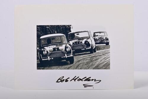 HOLDEN: A black and white picture of Bob Holden racing a Mini Cooper S at the Gallaher 500. Bob Holden signature