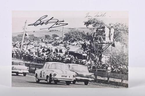 JANE/FIRTH: A black and white image on photographic paper of Bob Jane and Harry Firth racing a Ford Cortina Mk.1 GT to victory at the 1963 Armstrong 500. Jane & Firth signatures