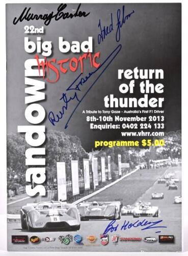 SANDOWN: A copy of '22nd big bad SANDOWN' programme from November 2013. Front cover signed by Murray Carter, Rusty French, Fred Gibson, Bob Holden
