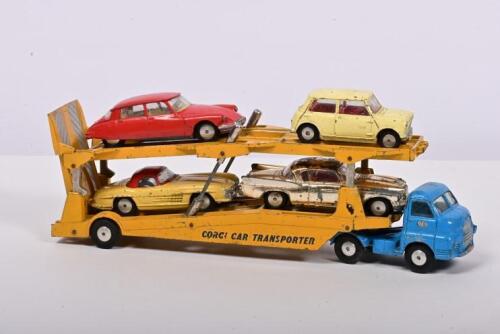 CORGI: A collection of five 1950's/1960's Corgi models. Corgi Bedford Car Transporter with Corgi car models. Rare variations