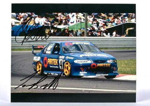 BRIGHT/RICHARDS: A colour picture of Jason Bright and Steven Richards racing the PIRTEK EL Ford Falcon to victory at Bathurst 1998. Bright & Richards signatures