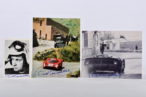 VACCARELLA: Three pictures related to Nino Vaccarella. Driver profile postcard and Ferrari pictures. Nino Vaccarella signatures