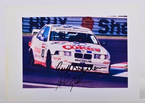 BRABHAM: A colour picture of the BMW 320i that raced to victory at the AMP Bathurst 1000 by David and Geoff Brabham. Picture signed by both drivers