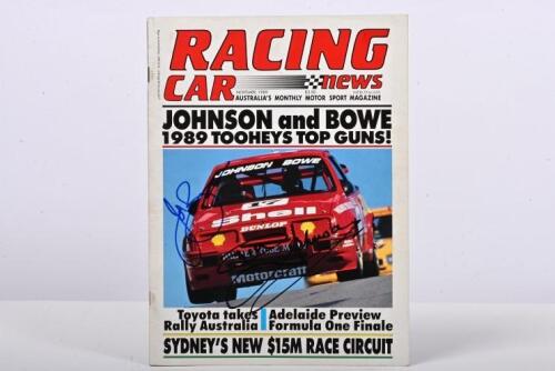 BOWE/JOHNSON: A November 1989 issue of 'RACING CAR news'. Front cover signed by Dick Johnson & John Bowe