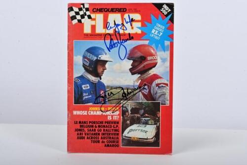 BROCK/JOHNSON: A June 1982 issue of 'CHEQUERED FLAG' (Volume 10, Number 6). Front cover signed by Dick Johnson & Peter Brock