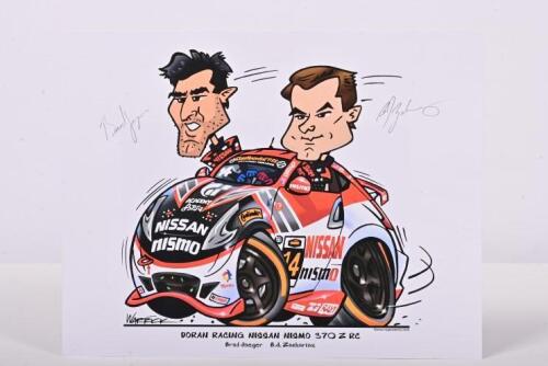 NISSAN: A colour caricature by Roger Warrick of the Doran Racing Nissan Nismo 370 Z RC as raced by Brad Jaeger and B.J.Zacharias. Picture signed by both drivers