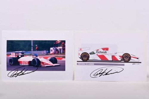 WARWICK: Two colour pictures of Derek Warwick's Arrows-Megatron and Footwork FA14-Mugen. Derek Warwick signatures