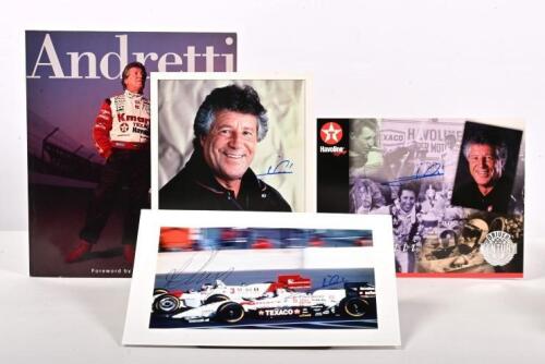 ANDRETTI: Four items related to Mario Andretti. Mario Andretti signed 'DRIVER OF THE CENTURY' profile cards