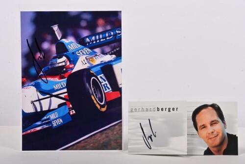 BERGER: Two Gerhard Berger related items. Berger signed Driver Profile Card & Benetton B197 picture
