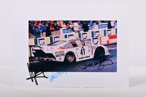 PORSCHE: A colour picture of the Porsche 935 K3 as driven to victory at 24h Le Mans 1979 by Bill Whittington, Don Whittington, Klaus Ludwig. Picture signed by all drivers