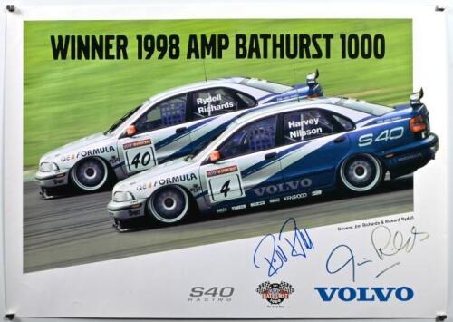 VOLVO: A VOLVO S40 'WINNER 1998 AMP BATHURST 1000' poster featuring the Volvo S40's of Rickard Rydell/Jim Richards and Tim Harvey/Jan Nilsson. Poster signed by Rickard Rydell & Jim Richards