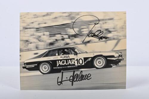 BATHURST 1985: An original black and white Ian Smith picture depicting the Jaguar XJ-S of John Goss and Armin Hahne racing to victory at the 1985 James Hardie 1000. Goss & Hahne signatures