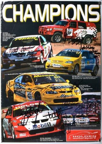 HOLDEN: A HOLDEN motorsport poster depicting collage of Holden motorsport racing category championships. Multiple signatures including Scott Loadsman (Australian GT Production), Steven Richards (Bathurst 24-Hour), Mark Skaife (V8 Supercar Championship) si