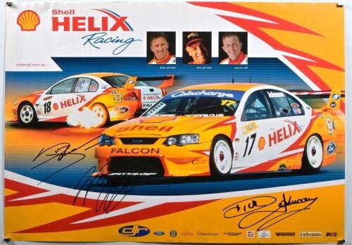 FORD: A Shell HELIX Racing promotional poster featuring the Shell HELIX Ford Falcon V8 Supercars of Warren Luff and Steve Johnson. Poster signed by Steve Johnson, Warren Luff, Dick Johnson