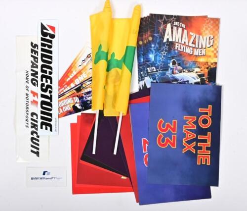 FORMULA 1: A collection of Formula 1 paraphernalia. Flags, Driver Support Placards, Stickers