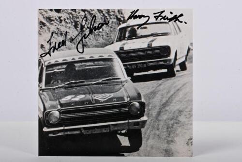 FIRTH/GIBSON: A black and white picture of Harry Firth and Fred Gibson racing a Ford XR Falcon GT to victory at the 1967 Gallaher 500. Firth & Gibson signatures