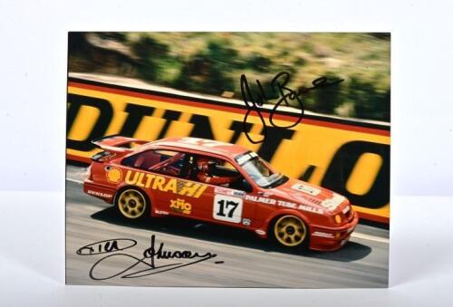 BATHURST 1989: A colour picture of John Bowe and Dick Johnson racing the Shell Ford Sierra RS500 to victory at the 1989 Tooheys 1000. Bowe & Johnson signatures