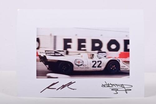 PORSCHE: A superb colour picture of the Le Mans 1971 winning Porsche 917 K. Picture signed by Helmut Marko and Gijs van Lennep