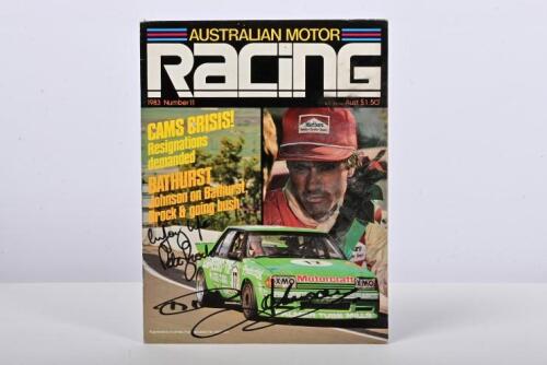 BROCK/JOHNSON: An October 1983, Issue 11, of 'AUSTRALIAN MOTOR RACING' magazine. Front cover signed by Peter Brock and Dick Johnson