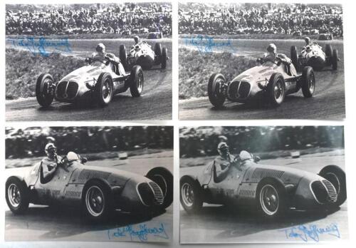 DE GRAFFENRIED: A group of four black and white pictures depicting Toulo de Graffenried racing a Maserati 4CLT at Silverstone, 1949. Each picture signed by Toulo de Graffenried