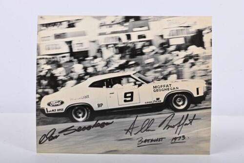 BATHURST 1973: An original black and white Ian Smith picture depicting Ian 'Pete' Geoghegan and Allan Moffat racing a Ford XA Falcon GT to victory at the 1973 Hardie-Ferodo 1000. Geoghegan & Moffat signatures