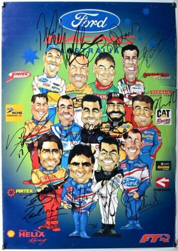 FORD: A Stonie, Ford RACING AUSTRALIA , Ford racing driver poster with colour illustrations of each Ford driver from the V8 Supercar Championship. Poster with multiple signatures including Marcus Ambrose, John Bowe, Craig Lowndes, Glenn Seton. Circa 1990'
