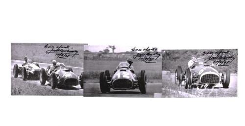 GONZALEZ: A small group of black and white images of Jose Froilan Gonzalez racing a Ferrari 375 F1 at various Grand Prix events including Monza and Silverstone. Jose Froilan Gonzalez signatures