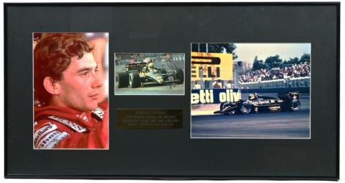 SENNA: A three colour picture collage of Ayrton Senna at the Australian Grand Prix 1986, Adelaide. Ayrton Senna signature