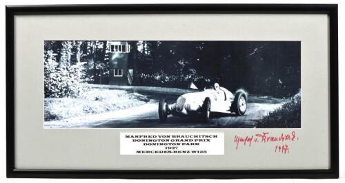 VON BRAUCHITSCH: A black and white image of Manfred von Brauchitsch racing a Mercedes-Benz W125 at 1937 Grand Prix, Donington Park. Manfred von Brauchitsch signature