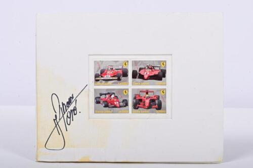 ARNOUX: A mounted Sierra Leone four stamp set featuring various Ferrari Formula 1 race cars. Mounting signed by Rene Arnoux