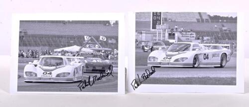 BEDARD: Two black and white images of Patrick Bedard driving a Jaguar XJR-5 IMSA GTP sports prototype race car. Each picture signed by Patrick Bedard