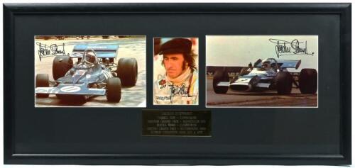 STEWART: A three colour picture display of Jackie Stewart and associated racing cars. Tyrell & Matra pictures signed by Jackie Stewart
