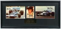 STEWART: A three colour picture display of Jackie Stewart and associated racing cars. Tyrell & Matra pictures signed by Jackie Stewart