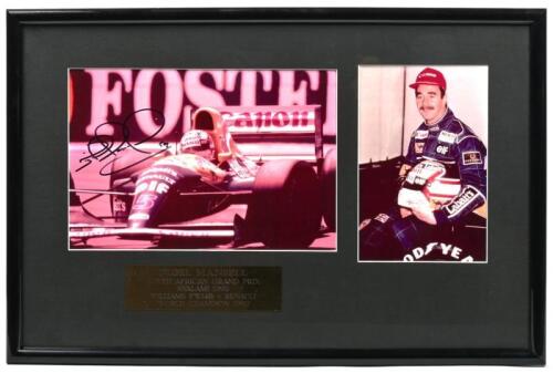 MANSELL: A colour picture set related to Nigel Mansell. Nigel Mansell signed picture of Mansell racing a Williams FW14B - RENAULT at the SOUTH AFRICAN GRAND PRIX KYALAMI 1992