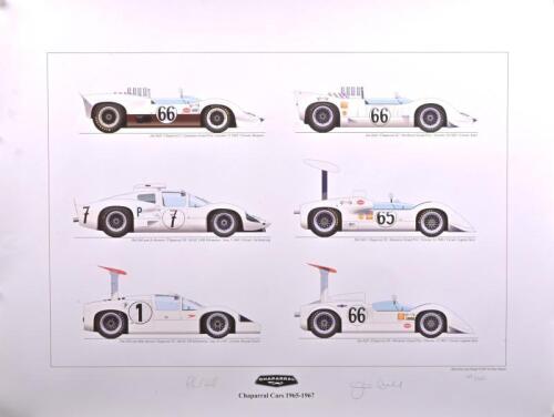 CHAPARRAL: A Limited Edition 'Chaparral Cars 1965-1967' model range print. Print signed by Phil Hill and Jim Hall. Numbered 49/500
