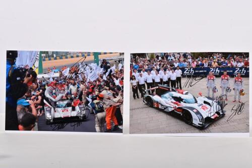 LE MANS 2014: Two colour images of the winning Audi R18 e-tron quattro as driven to victory at Le Mans 2014 by Marcel Fassler, Andre Lotterer, Benoit Treluyer. Fassler, Lotterer, Treluyer signatures