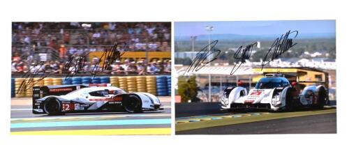 LE MANS 2014: Two colour images of the winning Audi R18 e-tron quattro as driven to victory at Le Mans 2014 by Marcel Fassler, Andre Lotterer, Benoit Treluyer. Fassler, Lotterer, Treluyer signatures